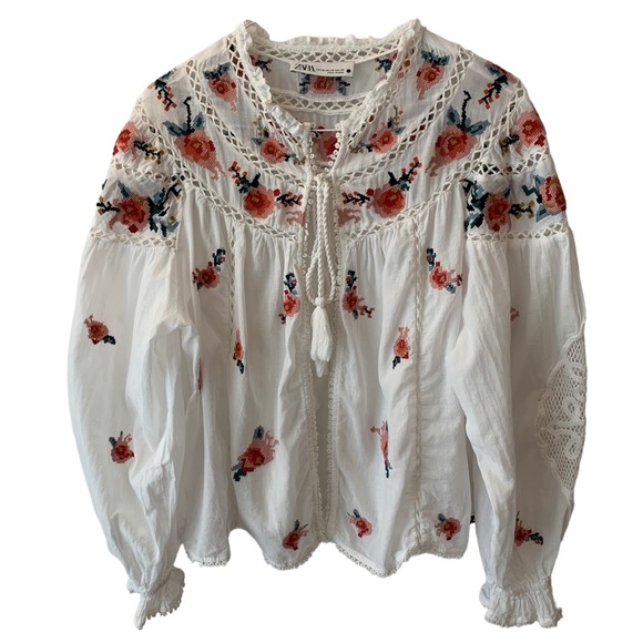 Zara White Floral Embroidered Open Smocked Puff Sleeve Boho Top - Picture 3 of 10